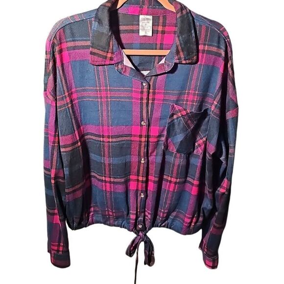 NOBO Tops - NOBO, No Boundaries plaid longsleeve flannel button-down, 3X, Draw tie, Crop Top